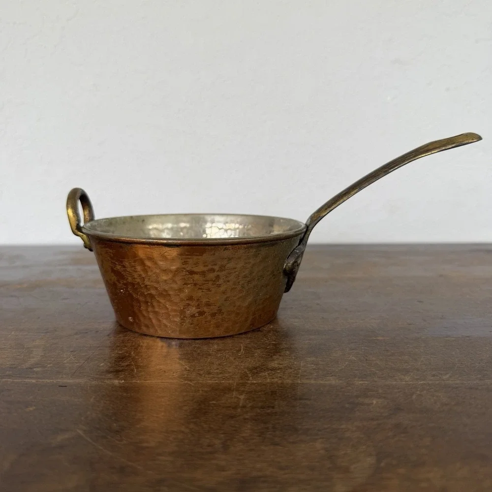 HEAVY THICK FRENCH ANTIQUE COPPER And‎ BRASS SAUCEPAN HAND HAMMERED POT 5